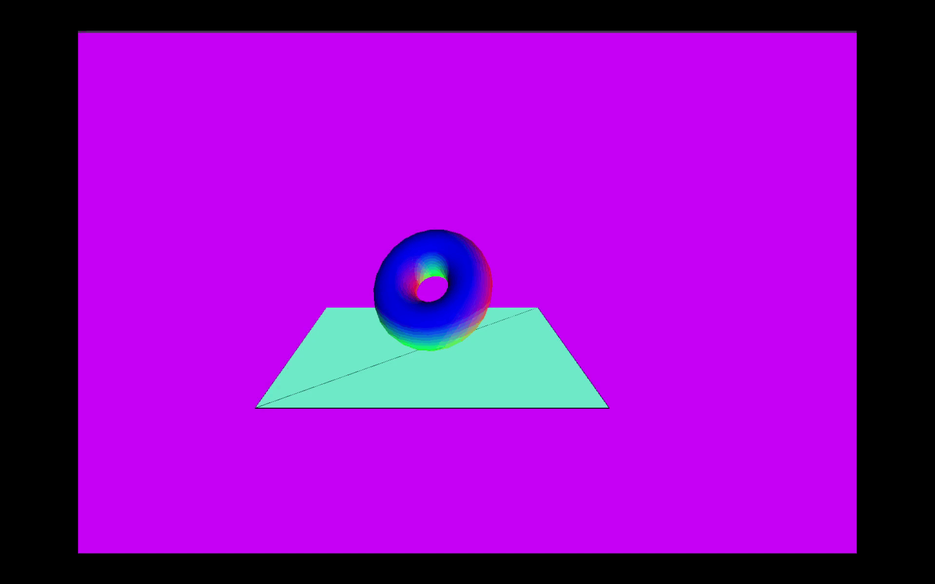 A colorful donut-shaped object floats above a mint-green platform on a solid royal blue backdrop. Its light bobbing motion adds a feeling of rhythm.